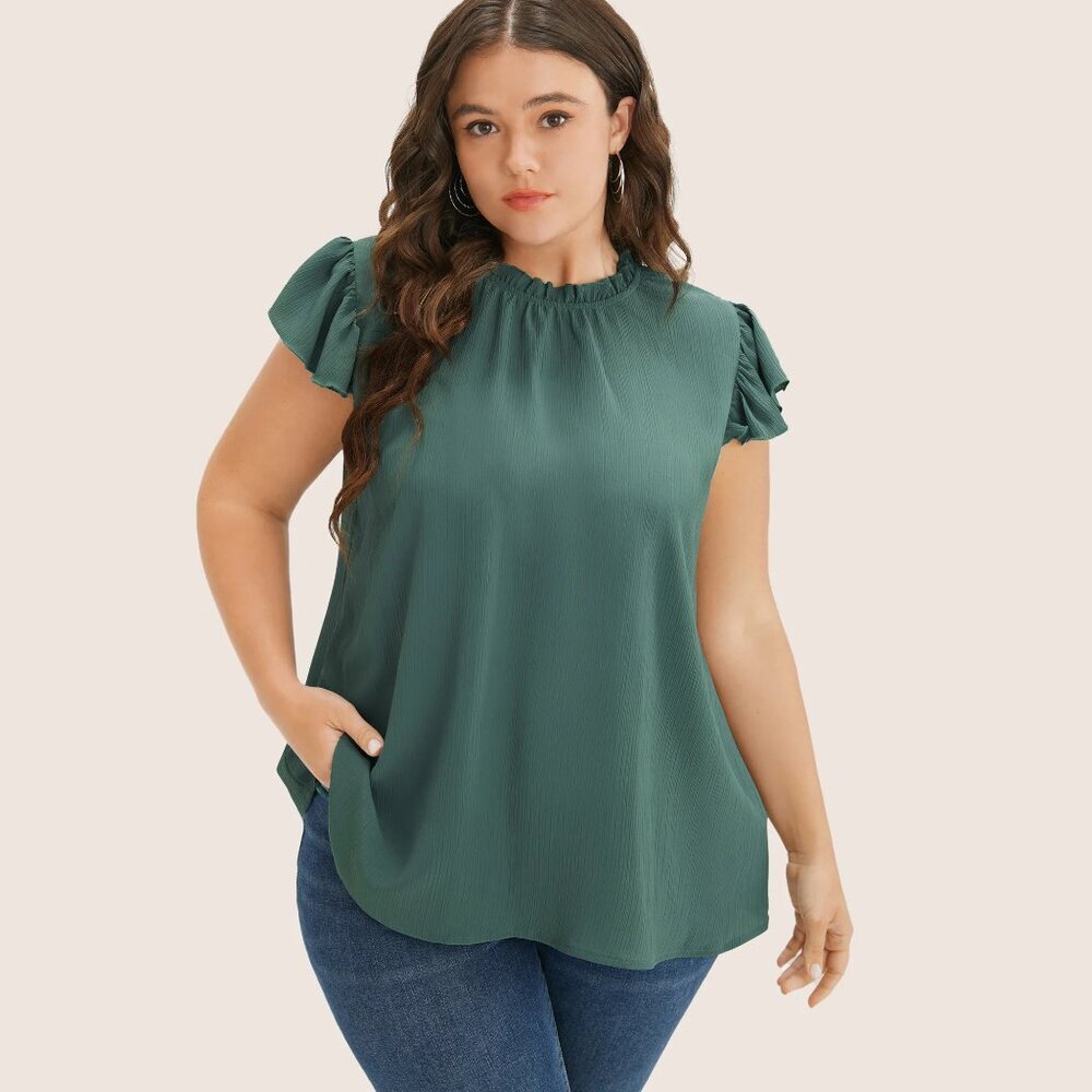 NWT BloomChic Mint Plain Mock Neck Cap Sleeve Ruffle Trim Blouse Size 26/4X - Picture 3 of 10